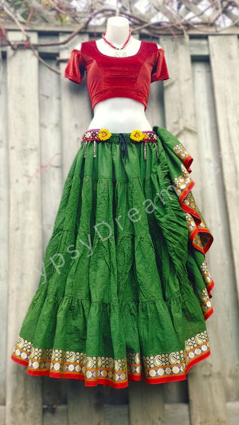 Moss Green Daisy~Paisley Trim Padma Skirt