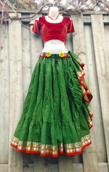 Moss Green Daisy~Paisley Trim Padma Skirt