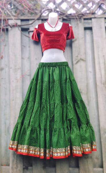 Moss Green Daisy~Paisley Trim Padma Skirt