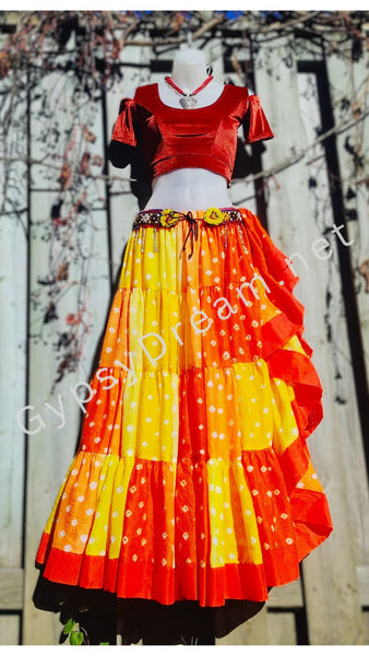 Yellow & Orange Bandhani Patchwork Skirt